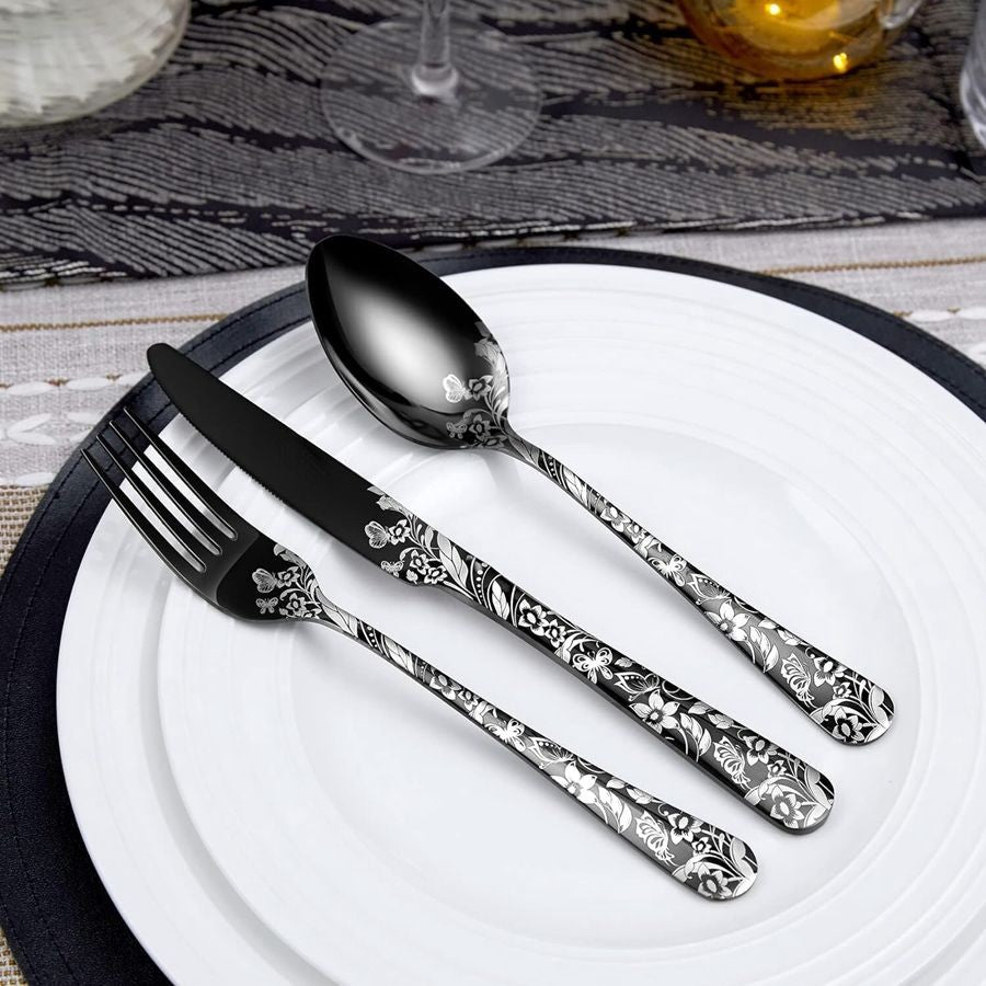Conjunto de Talheres de Aço Inoxidável 20 Peças com Padrão de Borboleta, Talheres Espelhados, com Colher, Garfo e Faca, Adequado para Entusiastas de Dark Rock, Adequado para o Halloween,