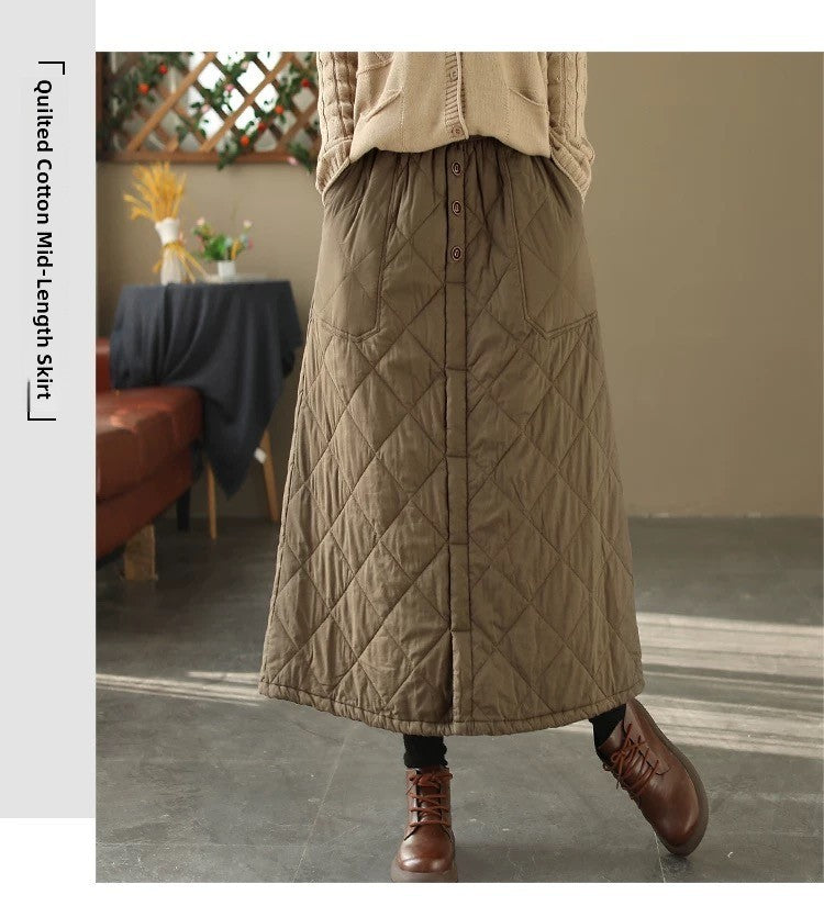 Retro Warm Cotton Quilted Long Midi Skirt High Waist A-Line Skirt for Middle-Aged And ly Women Diamond Patterned f Skirt