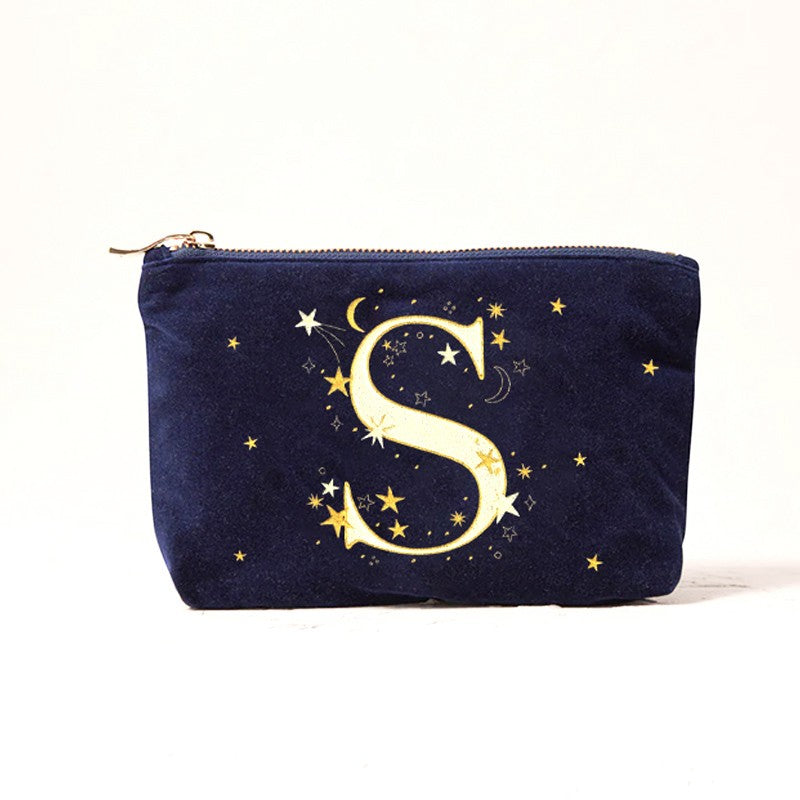 Alphabet Print Velvet Clutch Makeup Bag - Fashionable Cosmetic Pouch with Glittering Star Motif