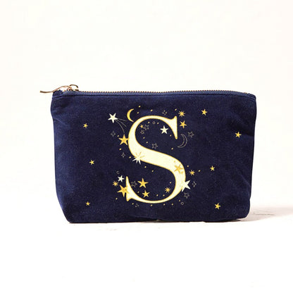 Alphabet Print Velvet Clutch Makeup Bag - Fashionable Cosmetic Pouch with Glittering Star Motif