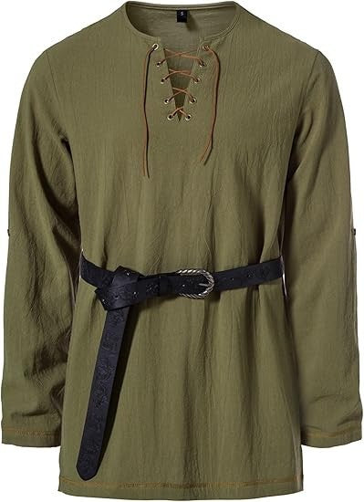 Men's Medieval Lace Up Tunic Shirt Renaissance Viking Pirate Costume Long Sleeve Retro Tops with Belt for Halloween Cosplay
