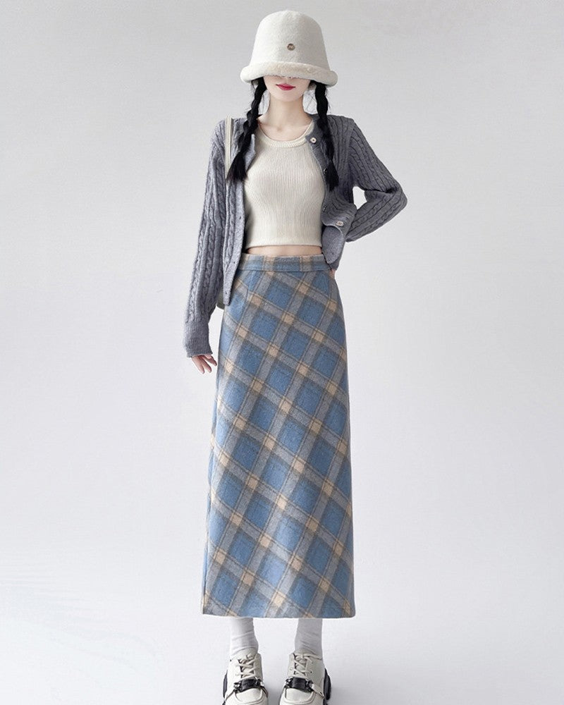 2025 Autumn Vintage Woolen Plaid Skirts Lady Elegant High Waist Slimming A-Line Skirt Women Korean Streetwear Slit Long Skirt