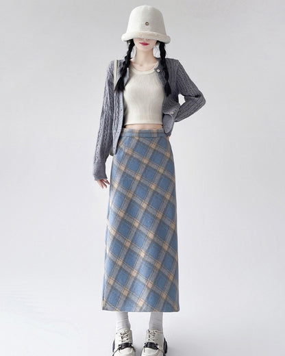 2025 Autumn Vintage Woolen Plaid Skirts Lady Elegant High Waist Slimming A-Line Skirt Women Korean Streetwear Slit Long Skirt