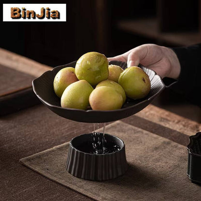 Qingxi Purple Pottery Tea Pastry Plate Handmade High Foot Dried Fruit Snack Large Integrated Drain Dessert Candy Dish Gift