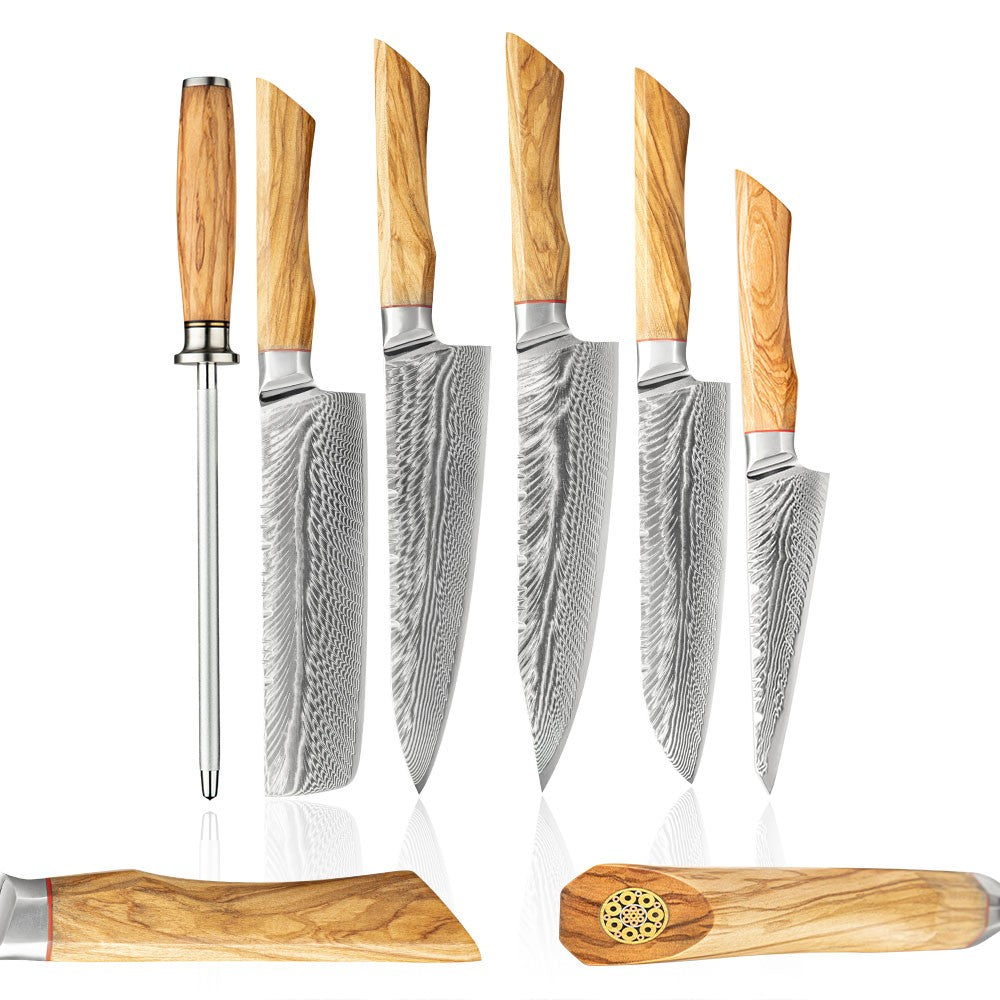 Conjunto de facas de cozinha para chef Damasco 67-LAY, faca japonesa Santoku Nakiri, faca utilitária, faca para desossar, faca de cozinha com cabo de madeira de oliveira HD