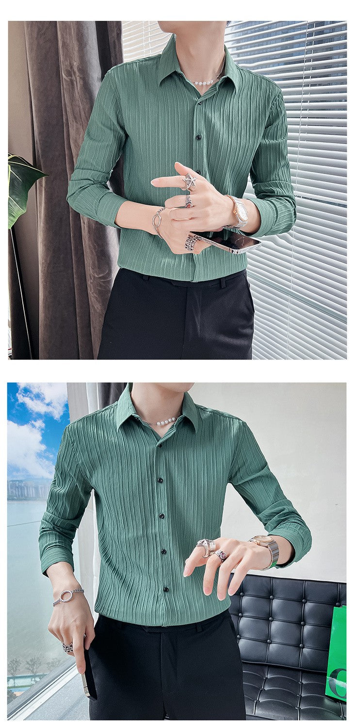 Streetwear Fashion Korean Clothing Solid Shirts Spring Autumn Men Long Sleeve Striped Lapel Single Sockets Business Casual Tops