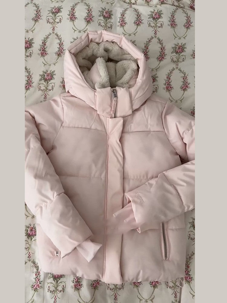 Pink Women's Jacket With Hat Zipper Pockets Inner Faux Fur Solid Female Jackets 2025 Autumn Winter Fashion Chic Lady Outwears