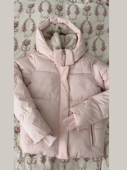 Pink Women's Jacket With Hat Zipper Pockets Inner Faux Fur Solid Female Jackets 2025 Autumn Winter Fashion Chic Lady Outwears