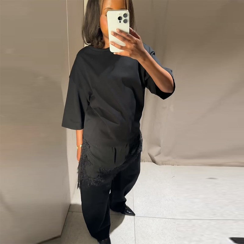 Fashion Lace Patchwork Mid Sleeve Tops for Women Elegant O Neck Loose Female T-shirt Spring New Lady Solid Shirts High Street