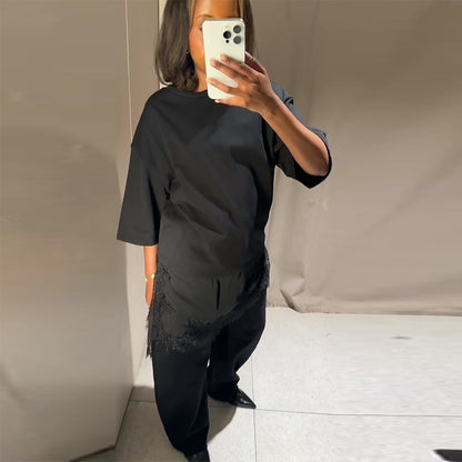 Fashion Lace Patchwork Mid Sleeve Tops for Women Elegant O Neck Loose Female T-shirt Spring New Lady Solid Shirts High Street