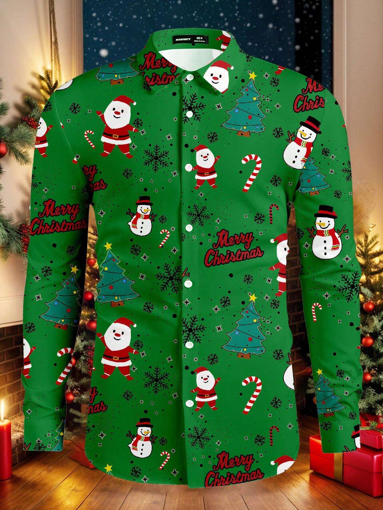 Christmas Festival Theme Men's 3D Prints Red Formal Shirts Christmas Santa Claus Graphic Long Sleeved Shirt Fashion Men's Shirts