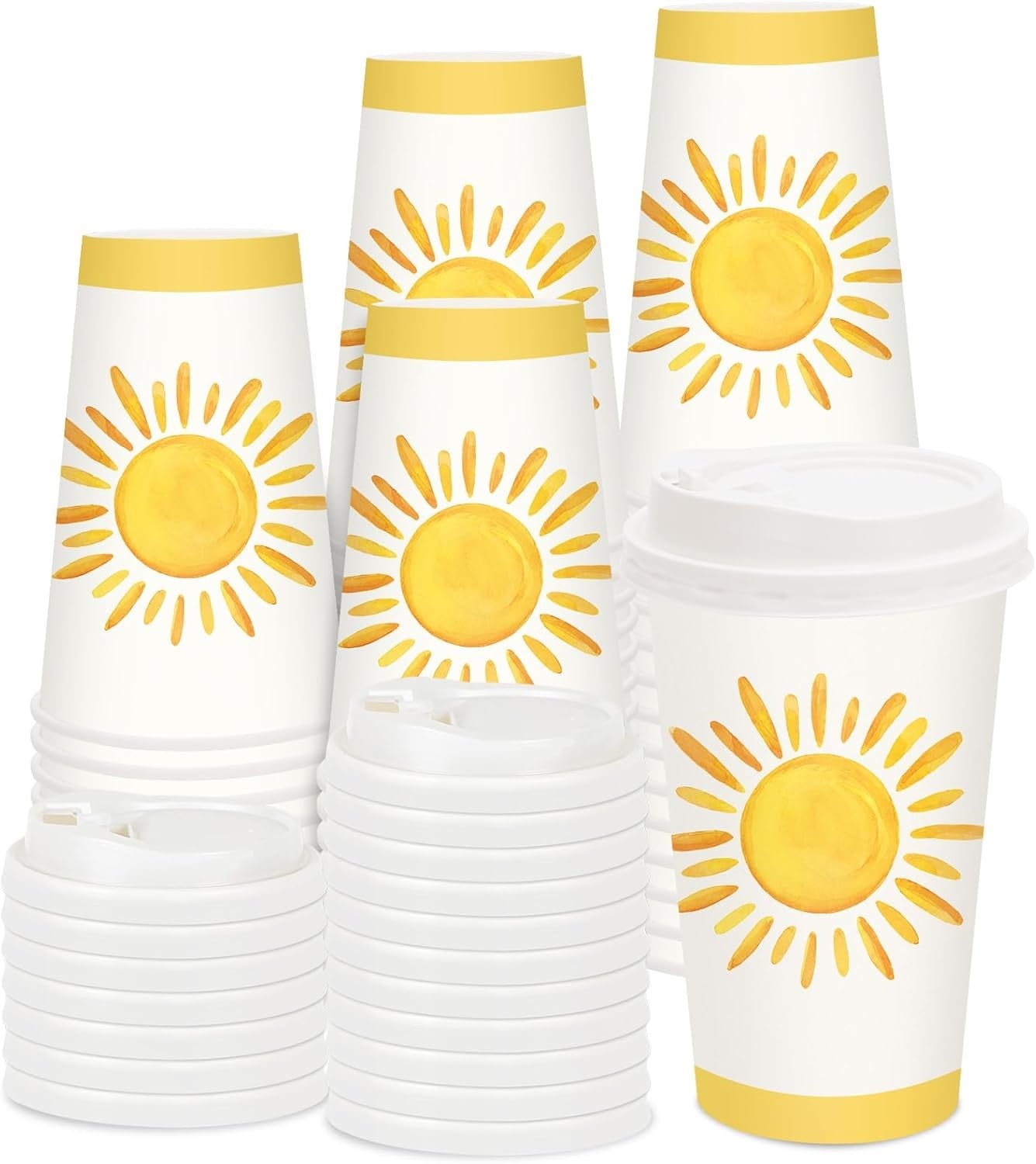 50 Conjuntos de Copos de Café Boho Sol com Tampa 16oz Copos de Papel Amarelos Sunshine First Trip Around The Sun Descartáveis Para Viagem