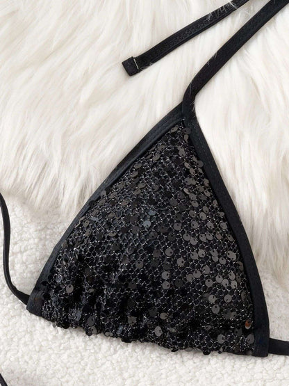 Shiny Sequin Black Bikini Set Women Sexy Push Up Bra Tie Side Triangle Swimsuit 2025 Brazilian Beach Bathing Suit Micro Swimwear