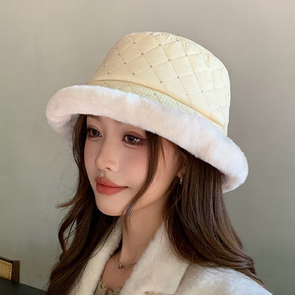 Chapéu de balde coreano feminino celebridade da Internet, marca moderna, quente e espesso, chapéu de bacia, moda versátil, imitação de vison, chapéu de balde de penas.