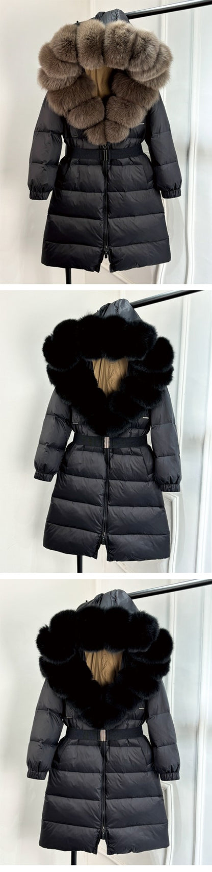 Janveny New Natural Thick Warm 90% White Duck Down Coat Long Winter Jacket Women Real Big Fox Fur Collar Belt Loose Puffer Parka