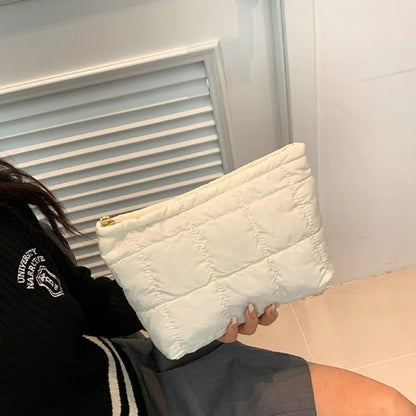 Cotton Filled Puffer Pouch PU Leather Large Capacity Puffer Padded Makeup Bag Waterproof Korean Style Thick Plaid Clutch Bag