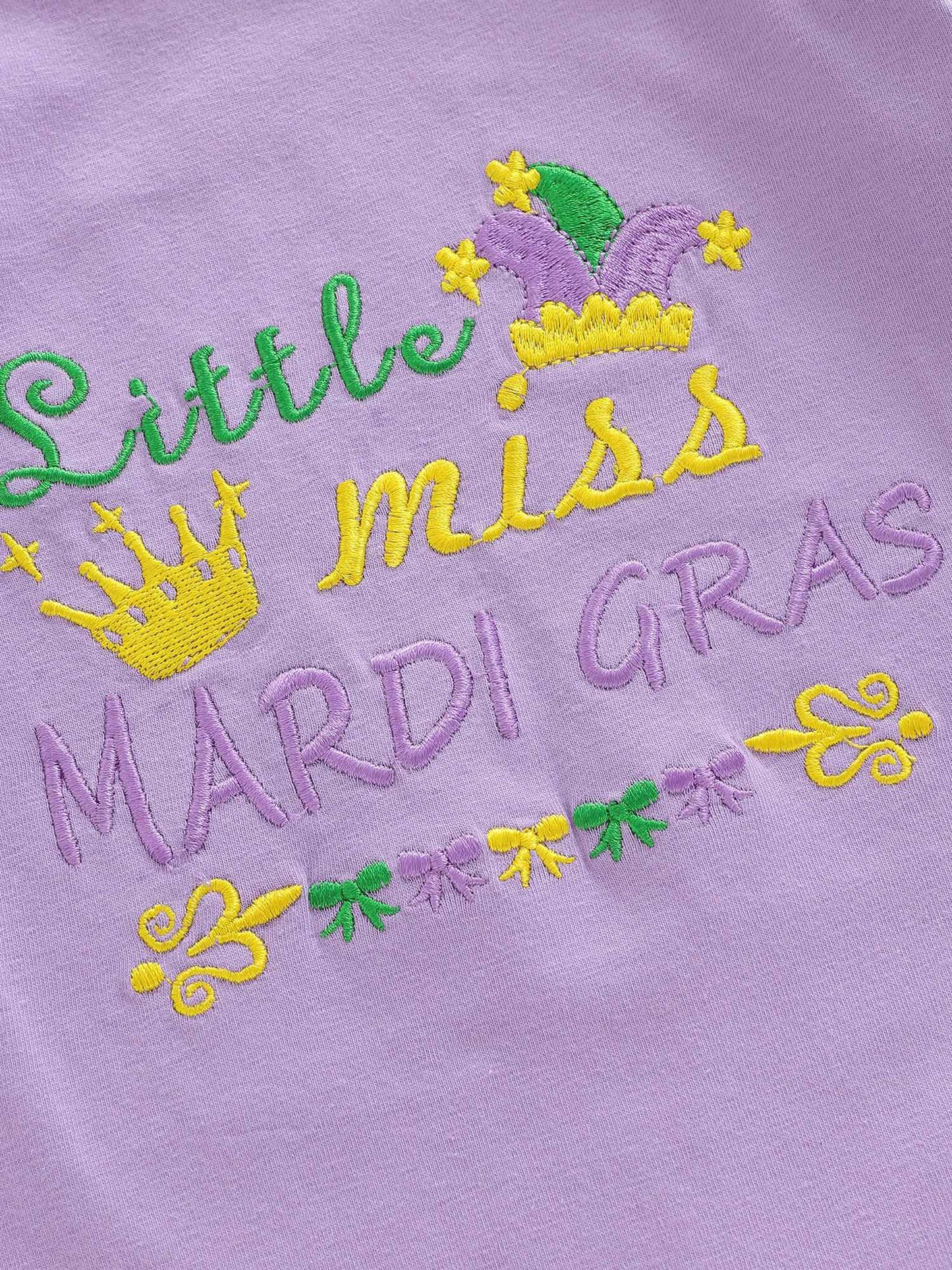 Suefunskry Baby Girl Mardi Gras Themed Romper Letter Crown Embroidery Long Sleeve Round Neck Jumpsuit with Bow Headband