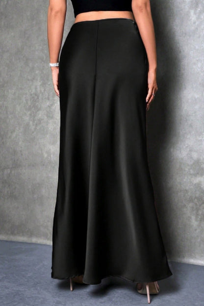 Elegant silk-like satin A-line midi skirt with high waist and mermaid tail for women in spring and summer