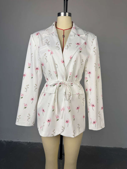 Women's 2025 Spring/Summer New Fashion Printed Loose Suit Collar Belted Waist - cinching Suit Jacket