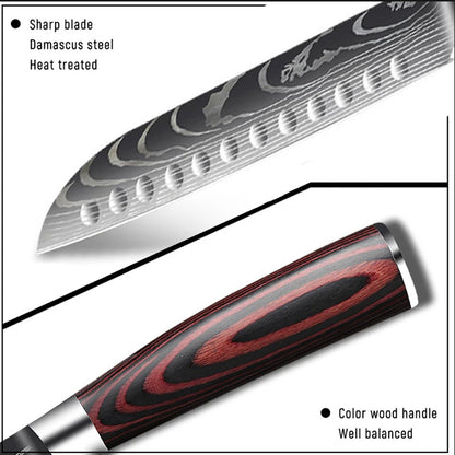 Conjunto de Facas Japonesas com Bloco e Amolador de 8 polegadas, Facas de Cozinha de Aço Damasco a Laser com Tesoura de Cozinha e Cabo de Madeira