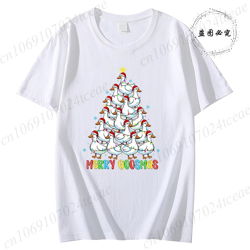 Funny Merry Goosmas T-Shirts for Women,Trendy Christmas Goose Shirt Design,Christmas Tree Party T-Shirts for Women Men Clothes
