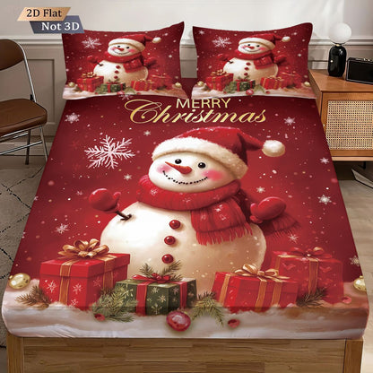 Jogo de Cama Estampado Boneco de Neve de Natal Vermelho de 3 Peças sem Chip, Vários Tamanhos, Capa de Cama Macia, Decoração para Quarto, Lavável à Máquina