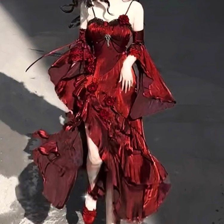 Red Rose Dress Lolita Mermaid Dress Elegant Goddess Lolita Adult Ceremony Dress Skirt