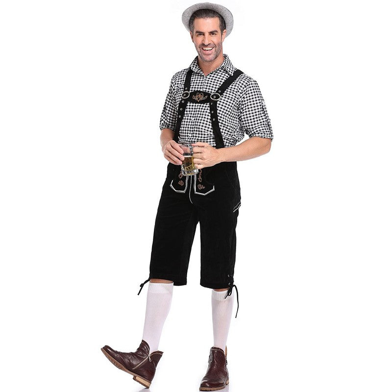 Germany Oktoberfest Costumes Adult Men Traditional Bavarian Beer Shorts Outfit Overalls Shirt Hat Suspenders Set Halloween Cloth