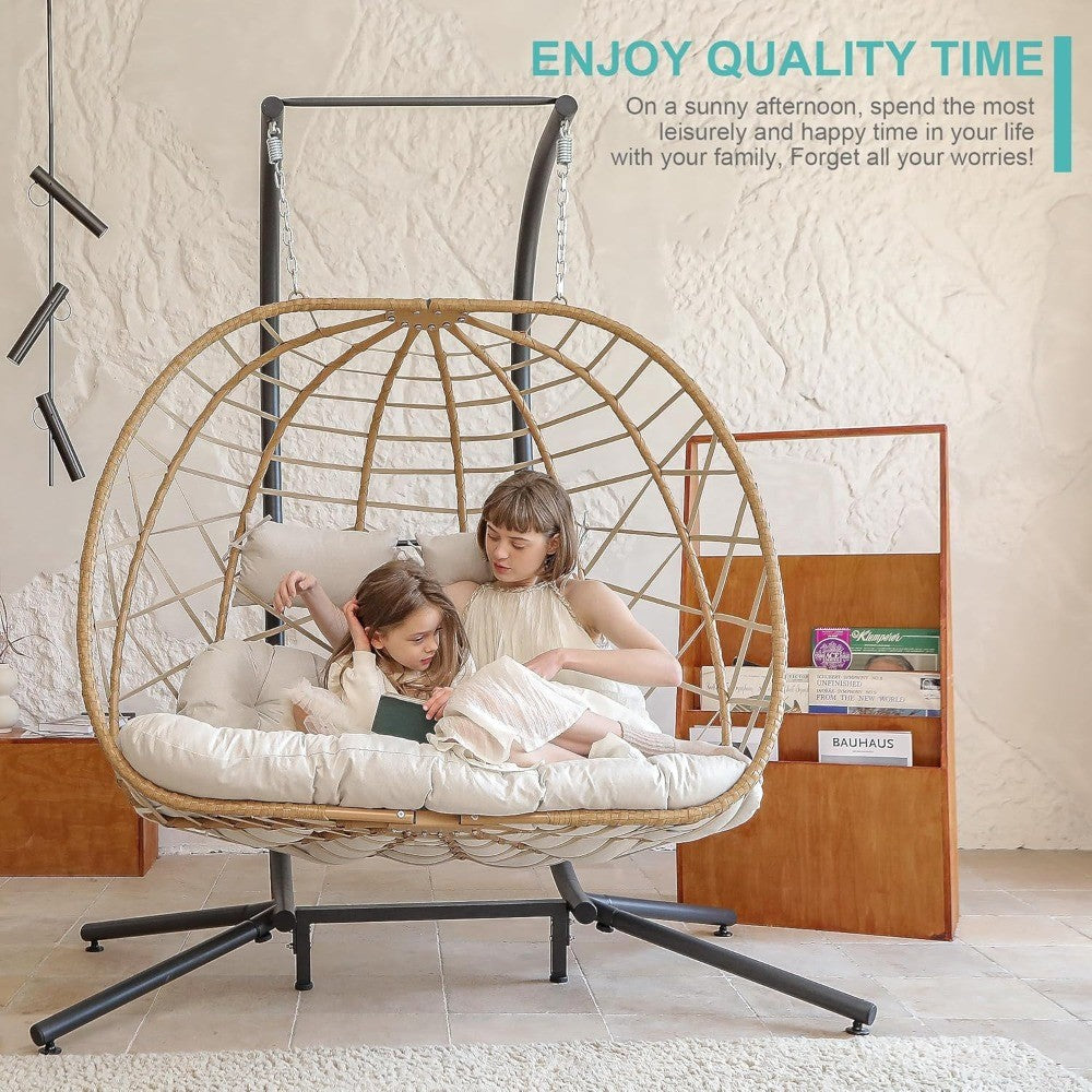 Double Egg Swing Chair with Stand, 2 Person Outdoor Indoor Hammock Hanging Chair with Cushion for Patio Living Room 550 LBS