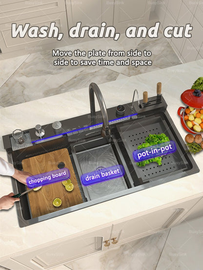 Stainless Steel Waterfall Kitchen Sink Digital Display Faucet Set Embossed Extra Large Single Slot Multiple Types of sinks