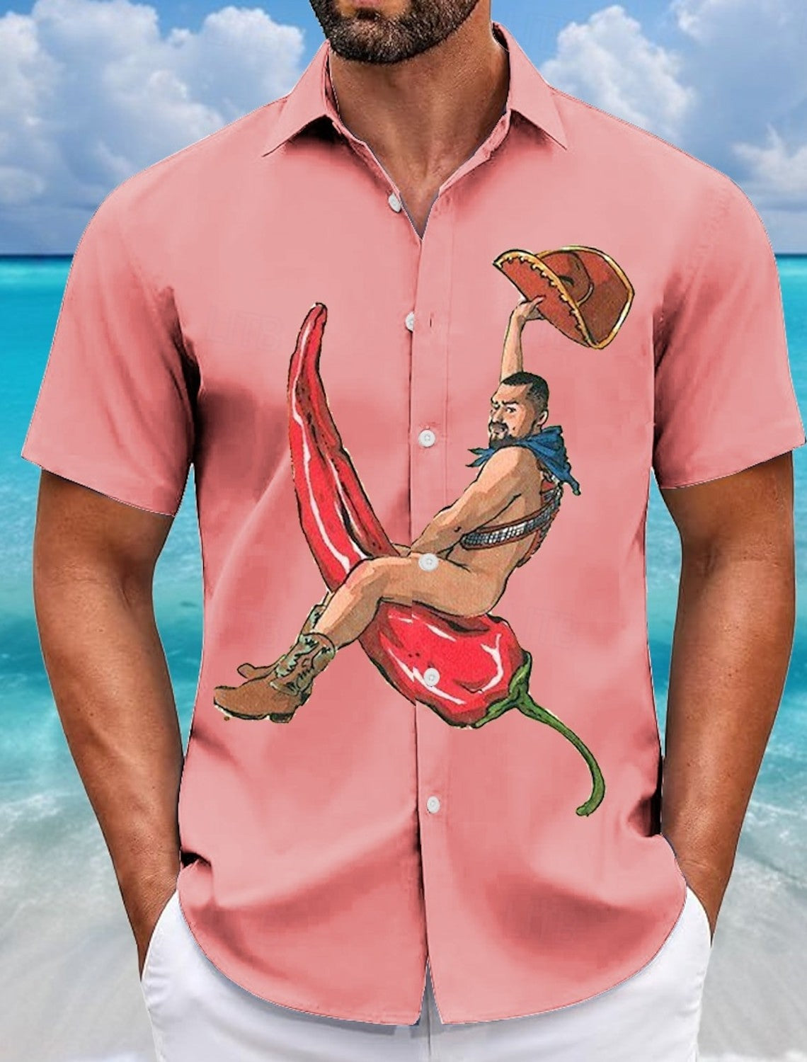 Summer Men's Funny Cowboy Pepper Shirts Short SleeveTurndown Hawaiian Shirt Button Up Shirts No Pockets Shirts