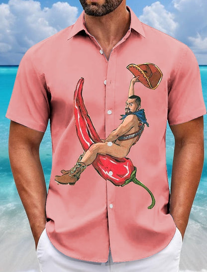 Summer Men's Funny Cowboy Pepper Shirts Short SleeveTurndown Hawaiian Shirt Button Up Shirts No Pockets Shirts