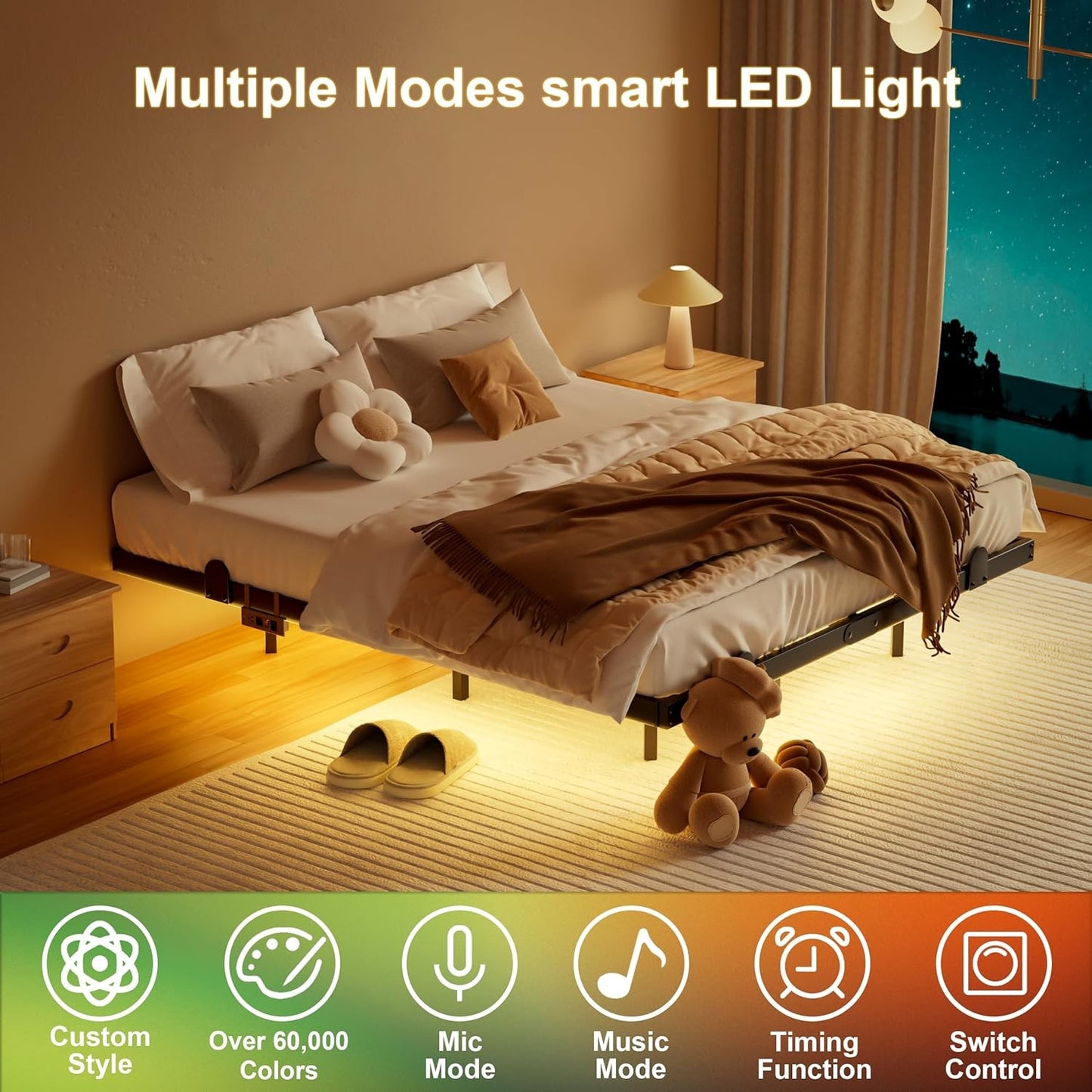 Cama Queen Size com Luzes LED Inteligentes e Estação de Carregamento - Cama LED Moderna com Luzes, Camas Flutuantes, Fácil
