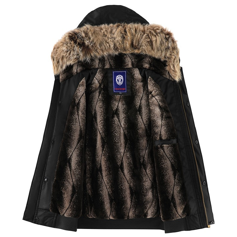 Men's Winter Black Aviator Jacket with Detachable Faux Fur Trimmed Hooded Cold Fashion Embroidered Badge and Zipper Pockets