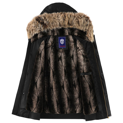 Men's Winter Black Aviator Jacket with Detachable Faux Fur Trimmed Hooded Cold Fashion Embroidered Badge and Zipper Pockets