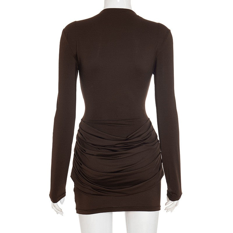 Lady Long Sleeve Ruched Sexy Mini Dress Women Autumn Winter New Elegant Solid High Waist Bodycon Club Party Dresses Female 2025