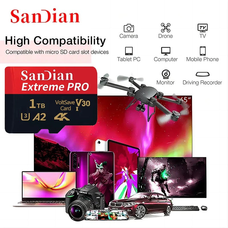 Cartão Micro TF/SD de alta velocidade de 2 TB Cartões de 512 GB 1 TB Cartão de memória Classe 10 à prova d'água Cartões SD de memória de grande capacidade para tablet PC