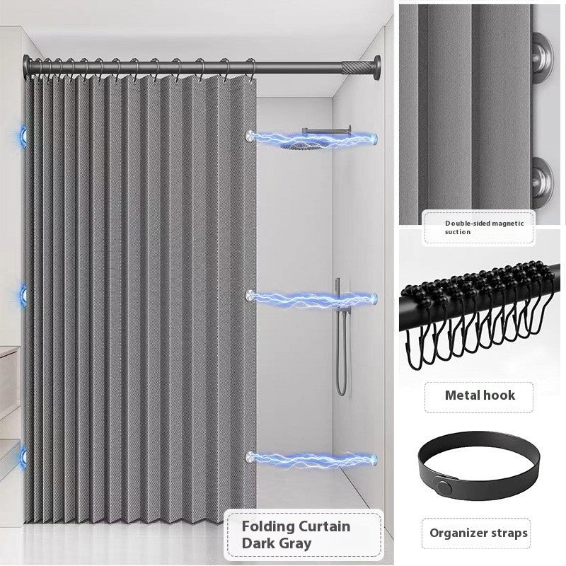 Bathroom Folding Linen Shower Curtain with Magnets Waterproof Suitable for Walk-in Shower Does Not Include Telescopic Rod