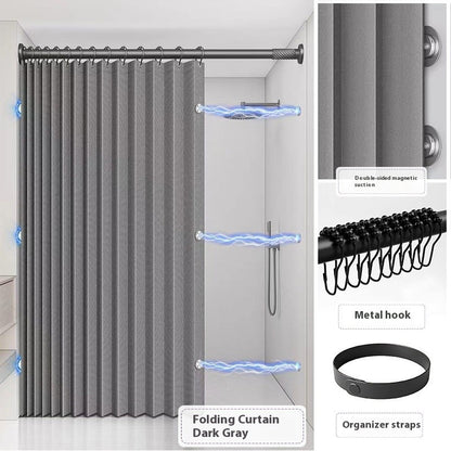 Bathroom Folding Linen Shower Curtain with Magnets Waterproof Suitable for Walk-in Shower Does Not Include Telescopic Rod