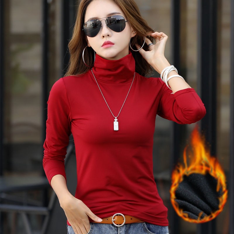 Women Thermal Underwear Winter Turtleneck Bottom Shirt Solid Semi High Collar Long Sleeve Basic T-Shirt Heating Fiber Pullovers
