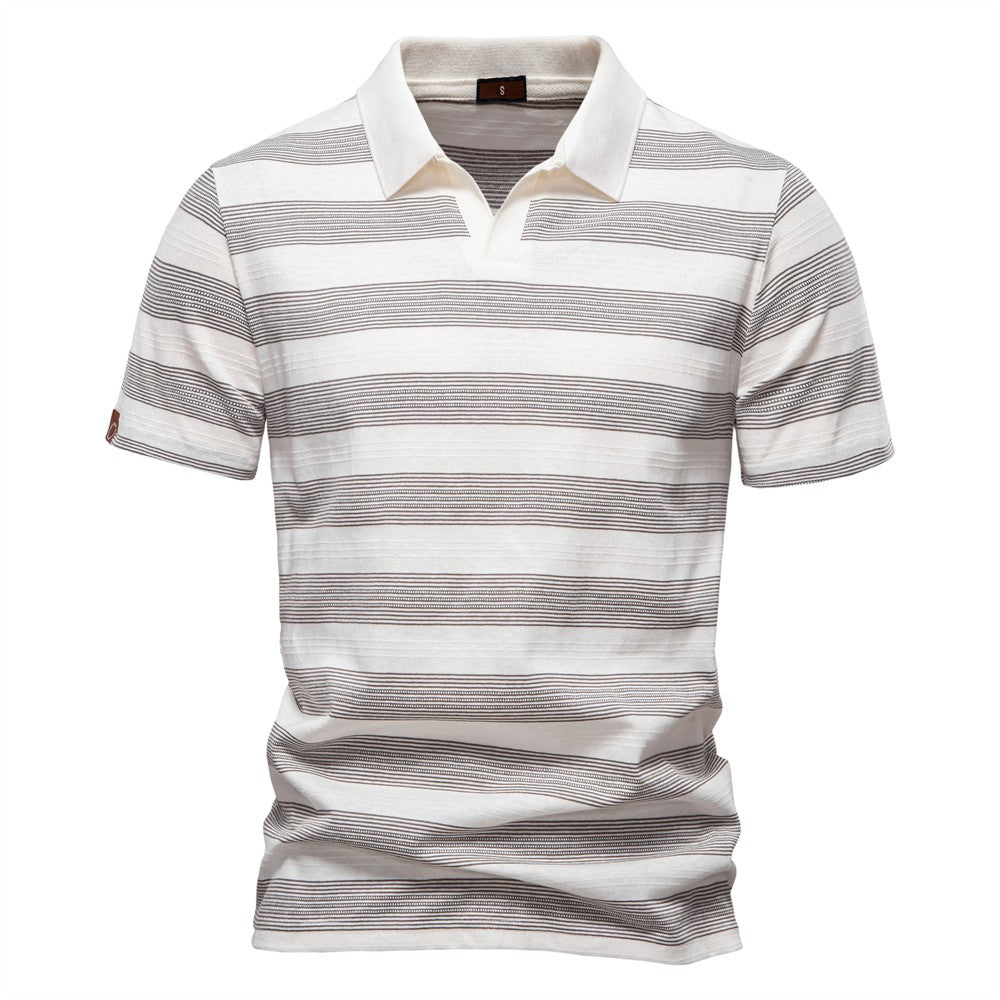 AIOPESON 2025 New Summer Striped V Neck Cotton Polo Shirts for Men Breathable Short Sleeve Casual Knit Shirts Comfort Fit