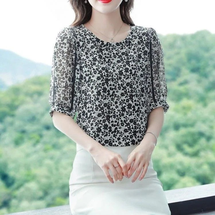 Women Summer Style Chiffon Blouses Shirts Lady Casual Short Puff Sleeve O-Neck Flower Printed Blusas Tops