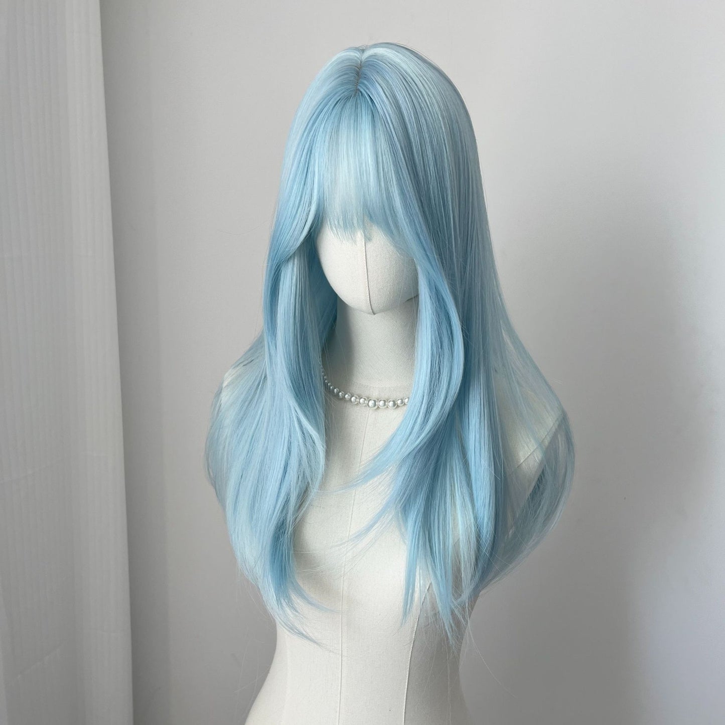 Lce Blue Wig with Bangs 22inch Middle Straight Hair Wig Lolita Nature Looking Headband Heat Resistant Fibers Synthetic Wigs ??