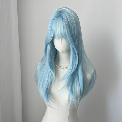 Lce Blue Wig with Bangs 22inch Middle Straight Hair Wig Lolita Nature Looking Headband Heat Resistant Fibers Synthetic Wigs ??