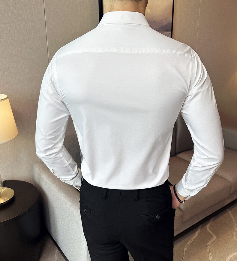 Seamless silk business casual shirt, long sleeved white non ironing elastic silk sliding cross shirt, men's formal wear