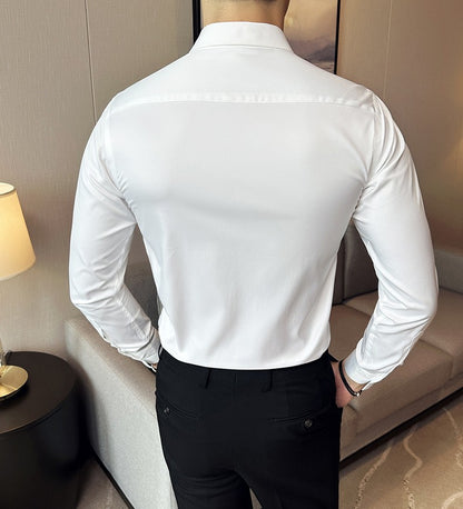 Seamless silk business casual shirt, long sleeved white non ironing elastic silk sliding cross shirt, men's formal wear