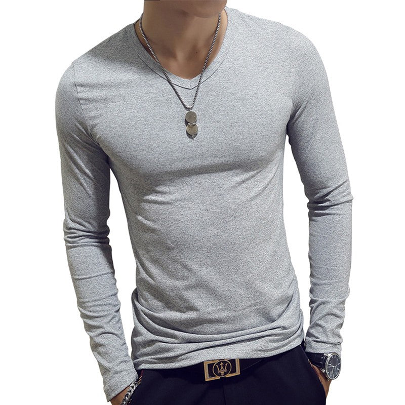 White Solid Color Basic Slim Men T-shirt Spring Autumn Bottoming Shirt Men Round Neck V-neck Casual Tops Long-sleeve Shirts