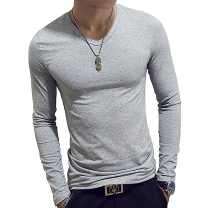 White Solid Color Basic Slim Men T-shirt Spring Autumn Bottoming Shirt Men Round Neck V-neck Casual Tops Long-sleeve Shirts