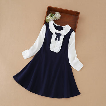 Girls Dresses 2025 Preppy Style Dresses Kids Ruffle Collar Long Sleeved Clothes Children Dresses with Bow for 5-12 Years