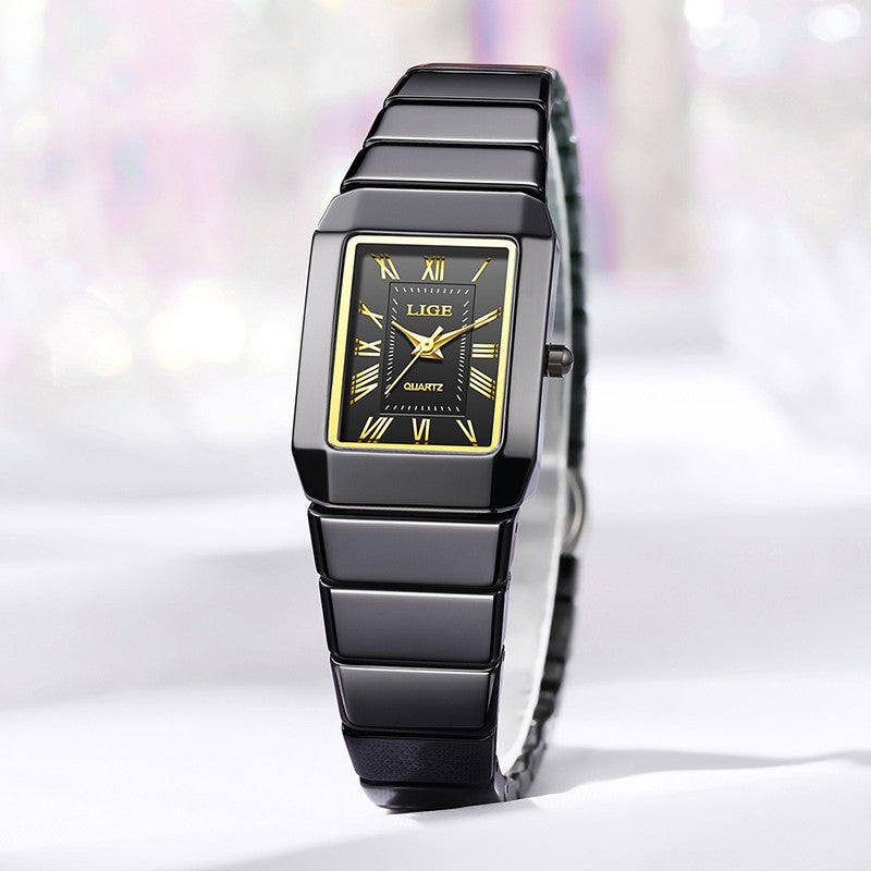 LIGE New Black Watch Women Fashion Creative Square Stainless Steel Ladies Waterproof Watches Elegant Bracelet Quartz Wristwatch